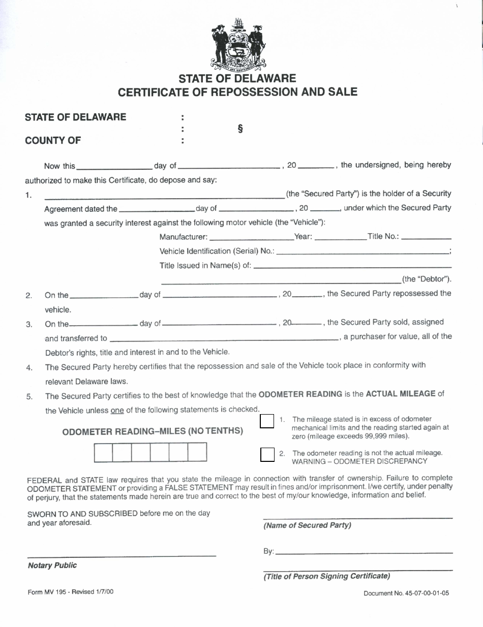Form MV195 Certificate of Repossession and Sale - Delaware, Page 1