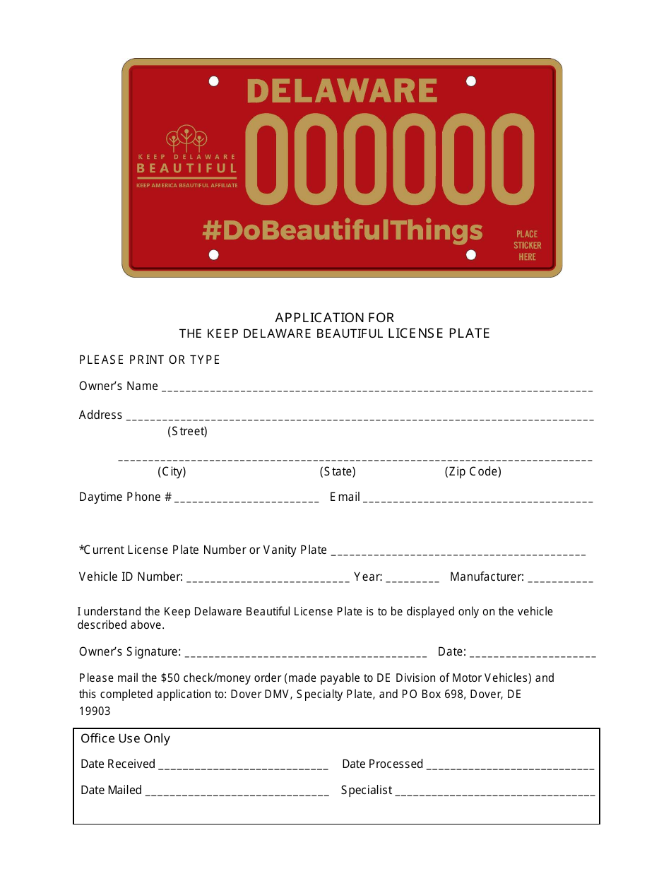 Delaware Application for the Keep Delaware Beautiful License Plate