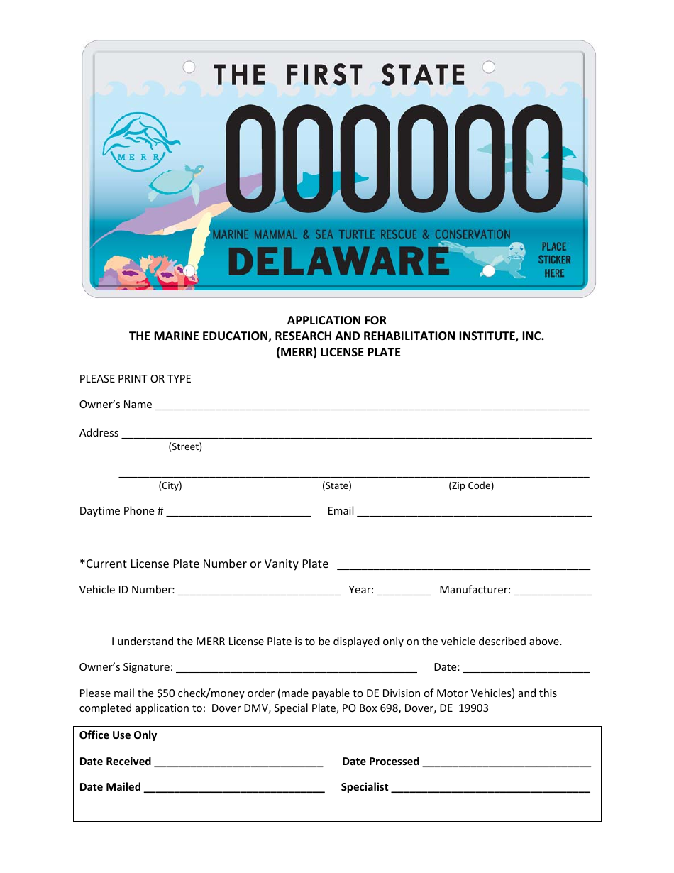 Application for the Marine Education, Research and Rehabilitation Institute, Inc. (Merr) License Plate - Delaware, Page 1