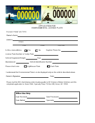 Document preview: Application for Environmental License Plate - Delaware