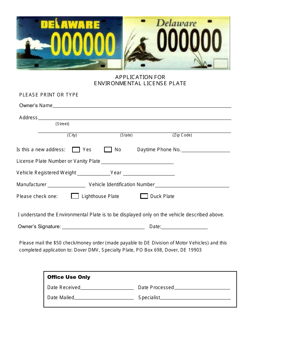 Application for Environmental License Plate - Delaware, Page 1