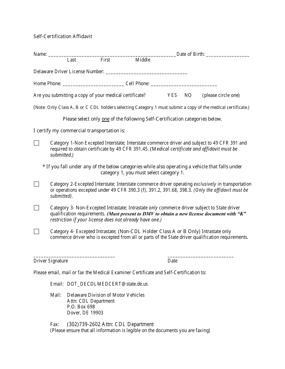 Self-certification Affidavit Form - Delaware, Page 1
