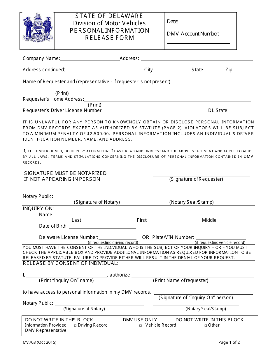 Form MV703 - Fill Out, Sign Online and Download Fillable PDF, Delaware ...