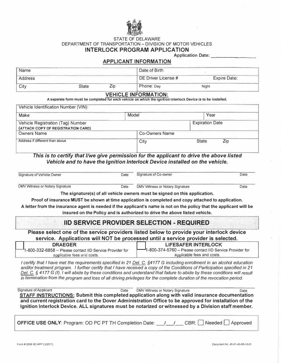 Form 2008 IID APP Interlock Program Application Form - Delaware, Page 1