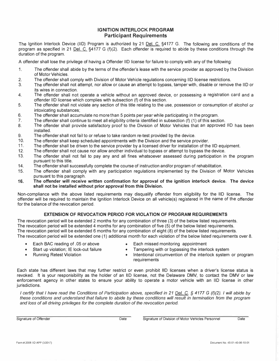 Form 2008 IID APP Interlock Program Application Form - Delaware, Page 2