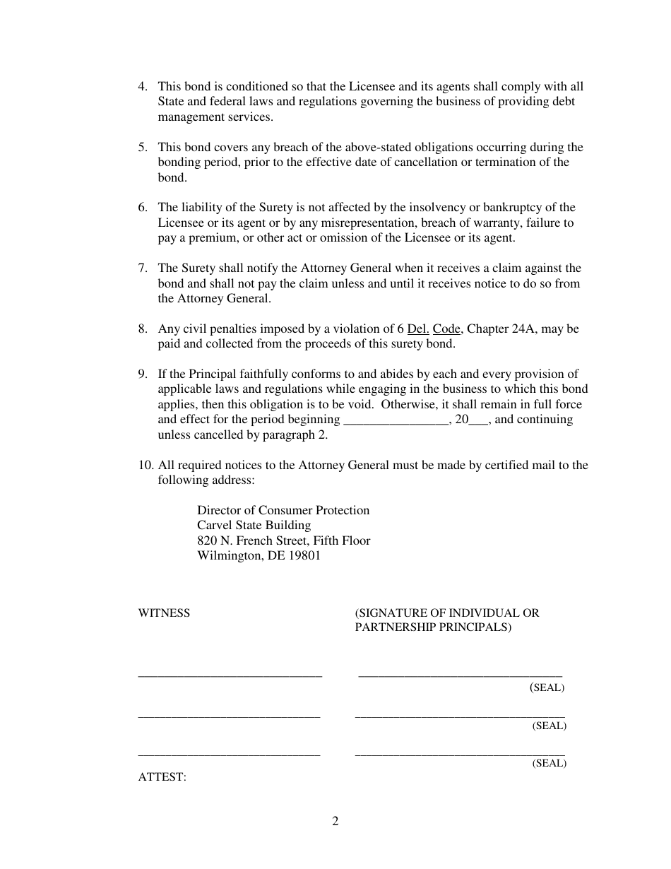 Delaware Debt Management Services License Surety Bond - Fill Out, Sign ...