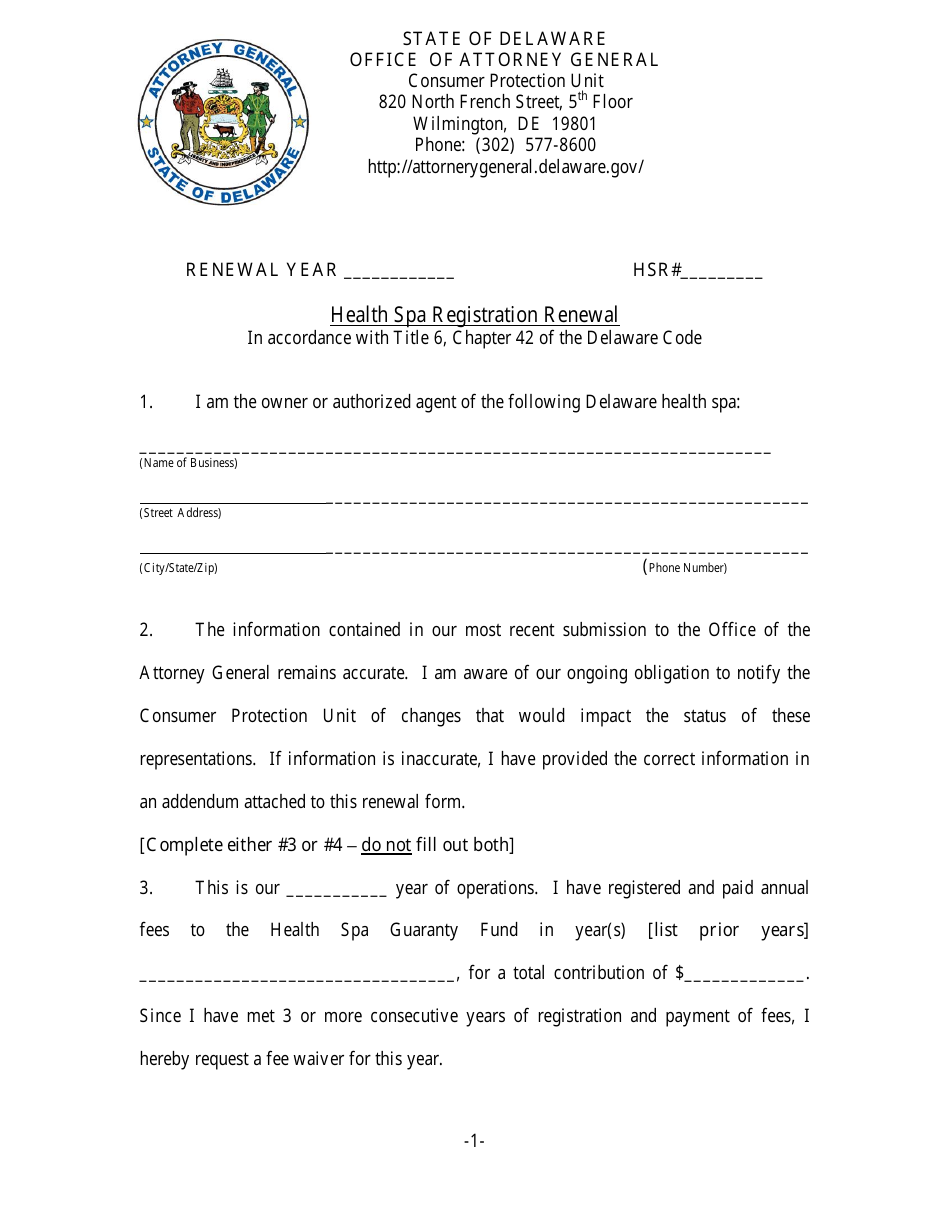 Health SPA Registration Renewal Form - Delaware, Page 1