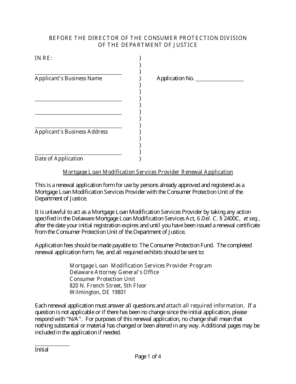 Mortgage Loan Modification Services Provider Renewal Application Form - Delaware, Page 1