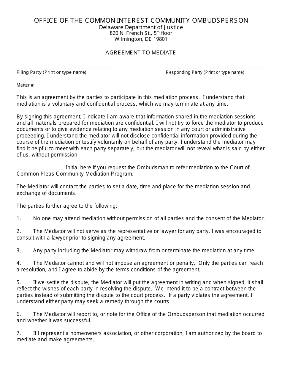 Agreement to Mediate - Delaware, Page 1