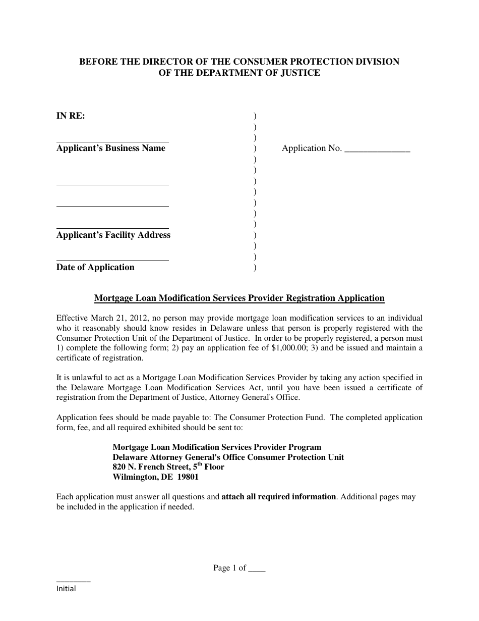 Mortgage Loan Modification Services Provider Registration Application Form - Delaware, Page 1