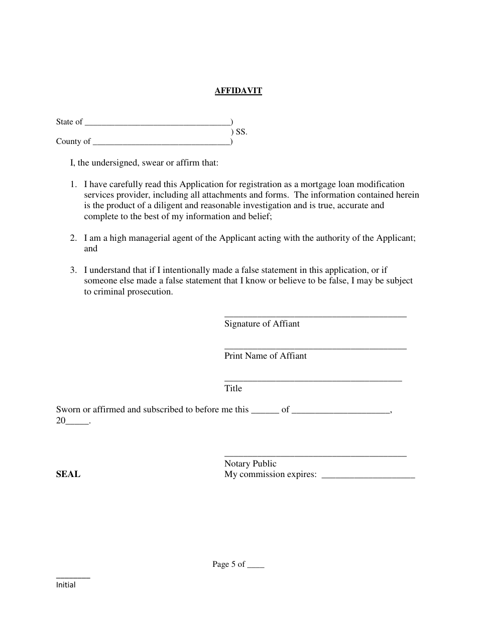 Mortgage Loan Modification Services Provider Registration Application Form - Delaware, Page 5