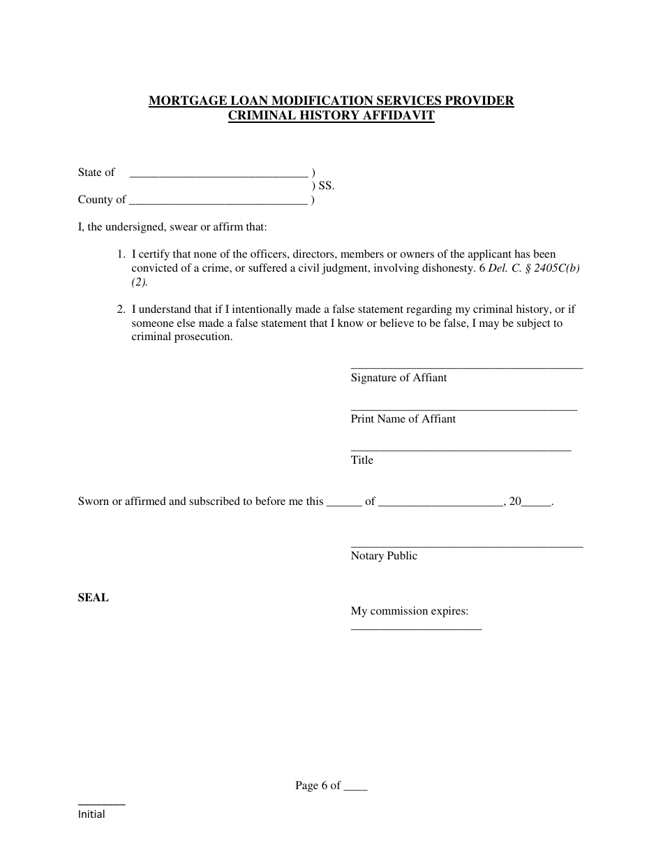 Mortgage Loan Modification Services Provider Registration Application Form - Delaware, Page 6