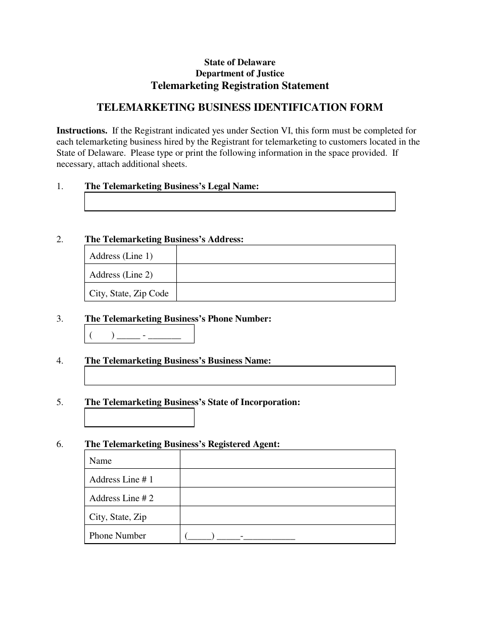 Telemarketing Business Identification Form - Delaware, Page 1
