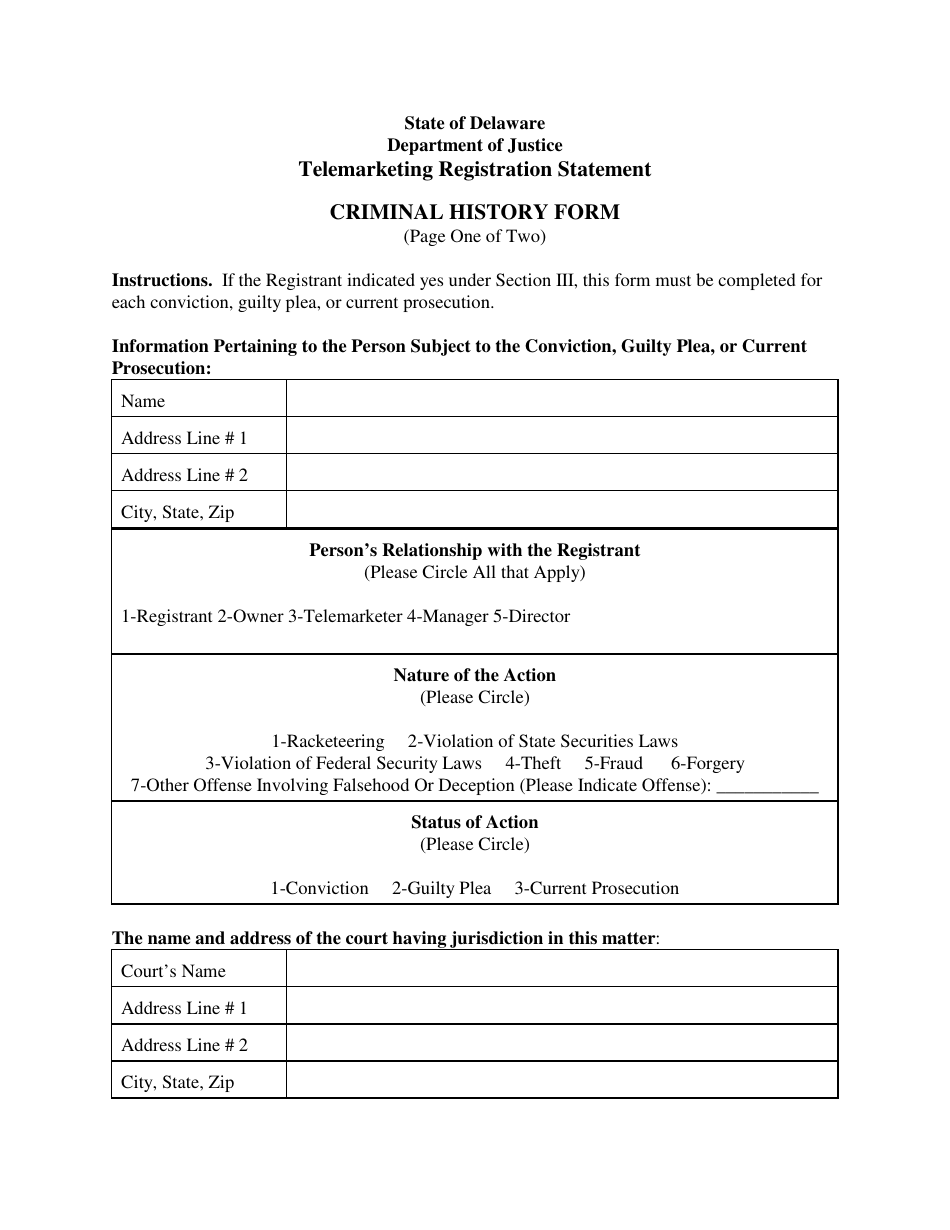 Criminal History Form - Telemarketing Registration Statement - Delaware, Page 1