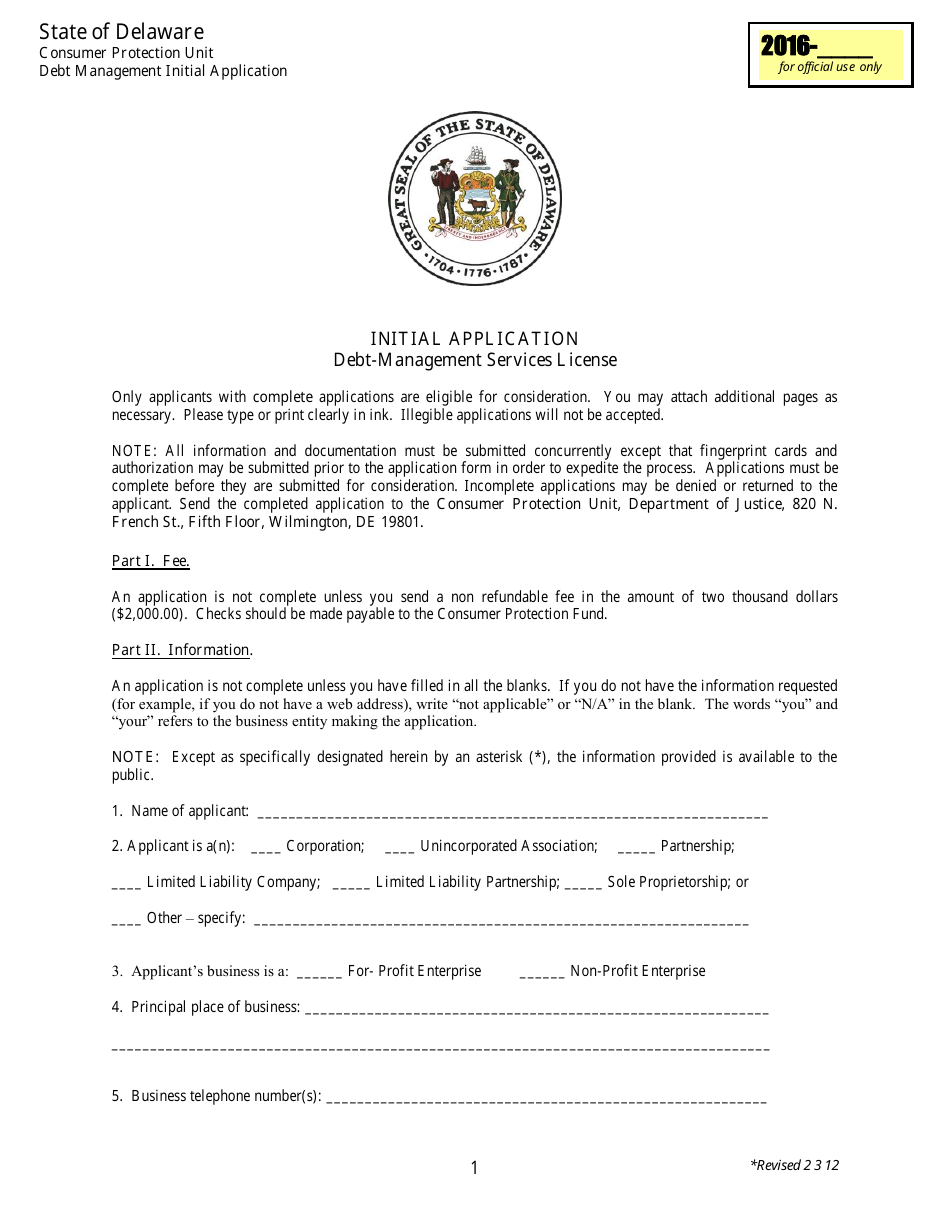 Initial Application Form - Debt-Management Services License - Delaware, Page 1