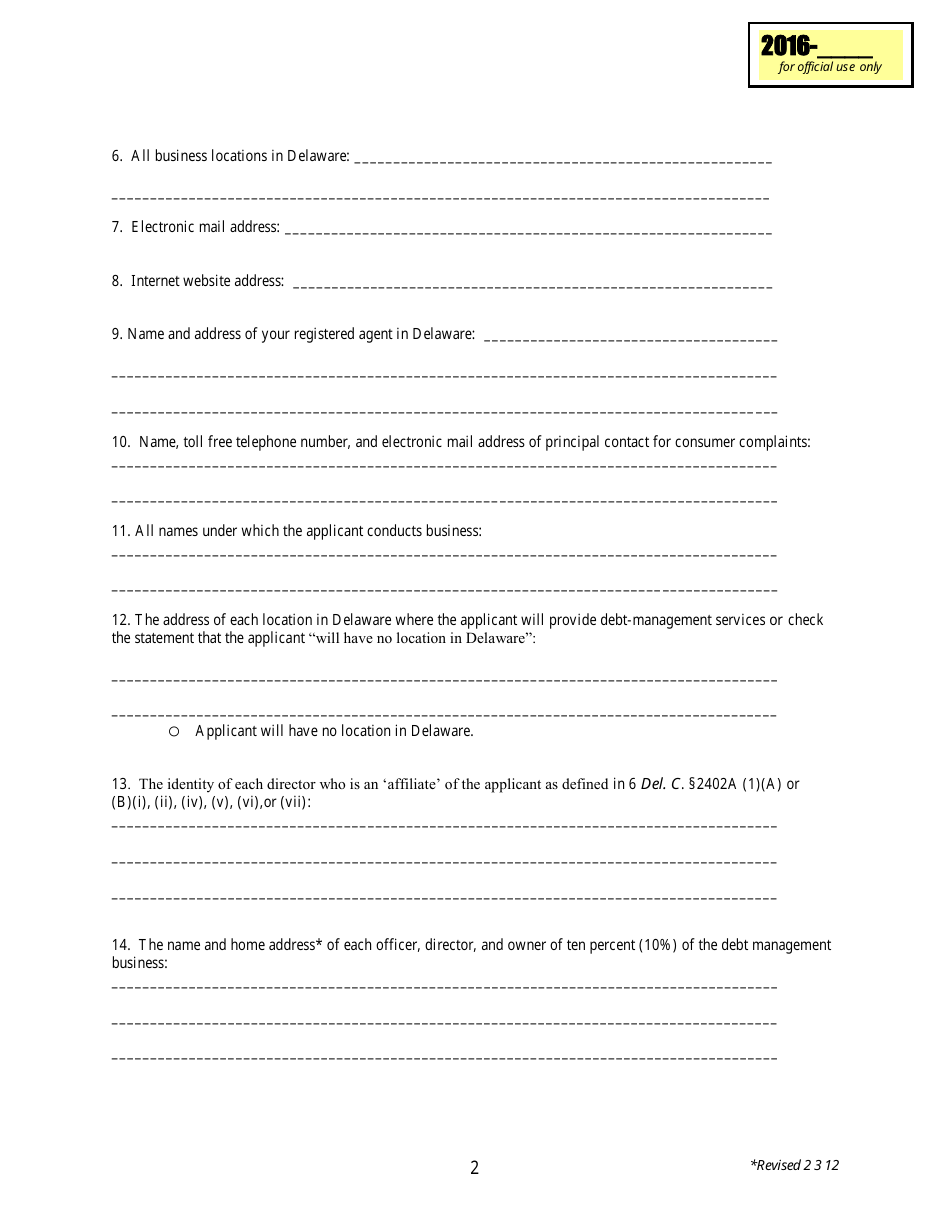 Initial Application Form - Debt-Management Services License - Delaware, Page 2