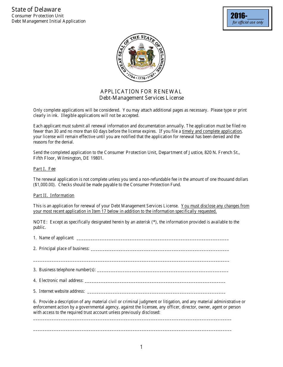 Application for Renewal - Debt-Management Services License - Delaware, Page 1