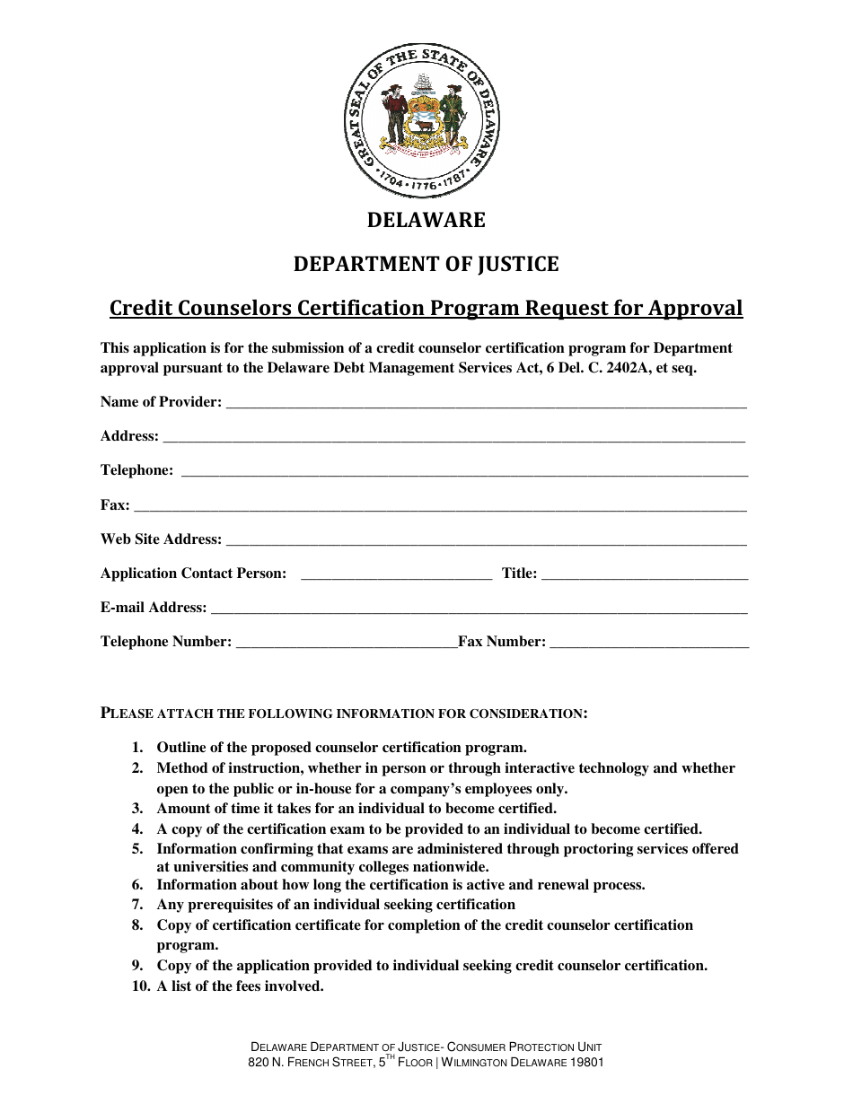 Credit Counselors Certification Program Request for Approval - Delaware, Page 1