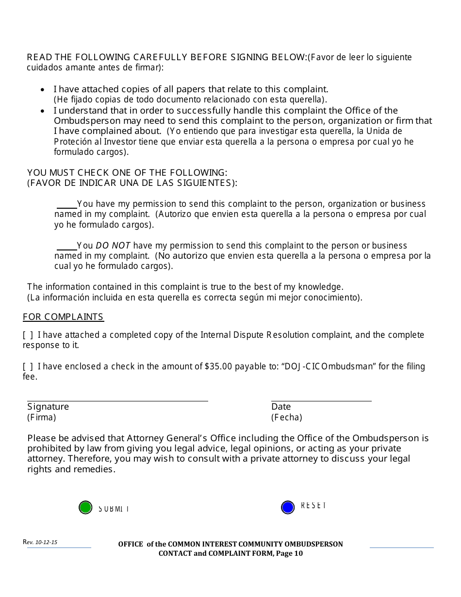 Contact and Complaint Form - Common Interest Community - Delaware, Page 10