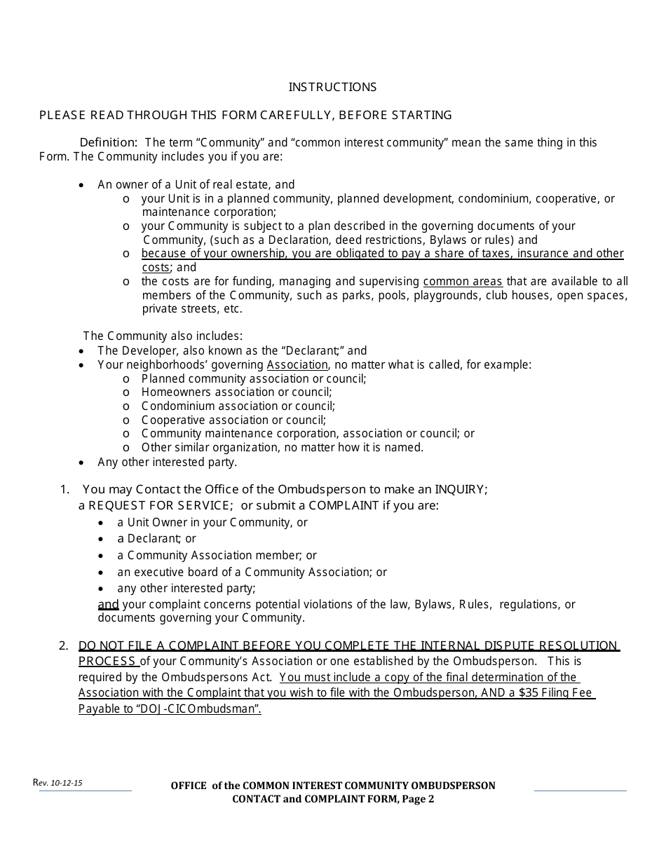 Contact and Complaint Form - Common Interest Community - Delaware, Page 2