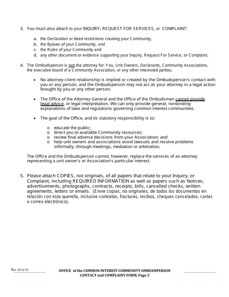 Contact and Complaint Form - Common Interest Community - Delaware, Page 3