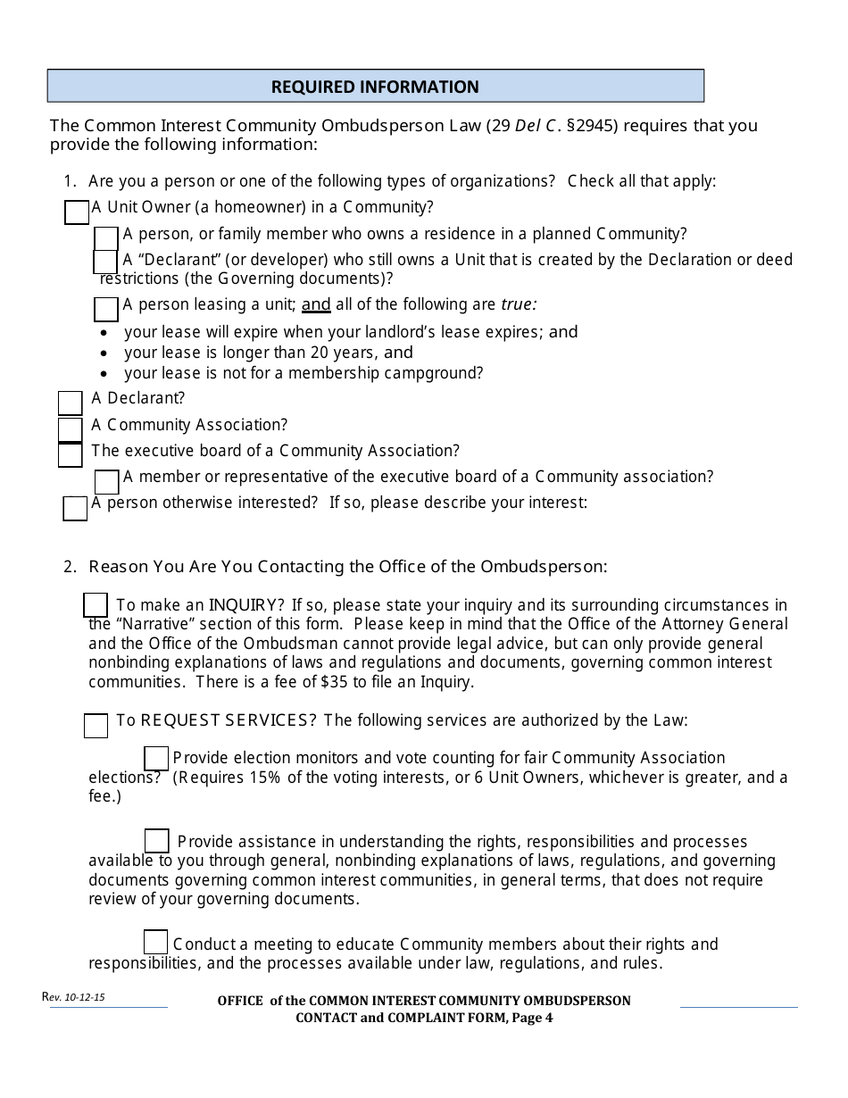Contact and Complaint Form - Common Interest Community - Delaware, Page 4