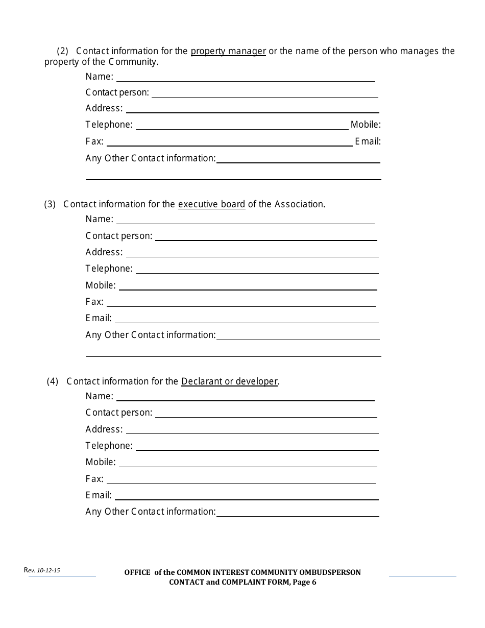 Contact and Complaint Form - Common Interest Community - Delaware, Page 6
