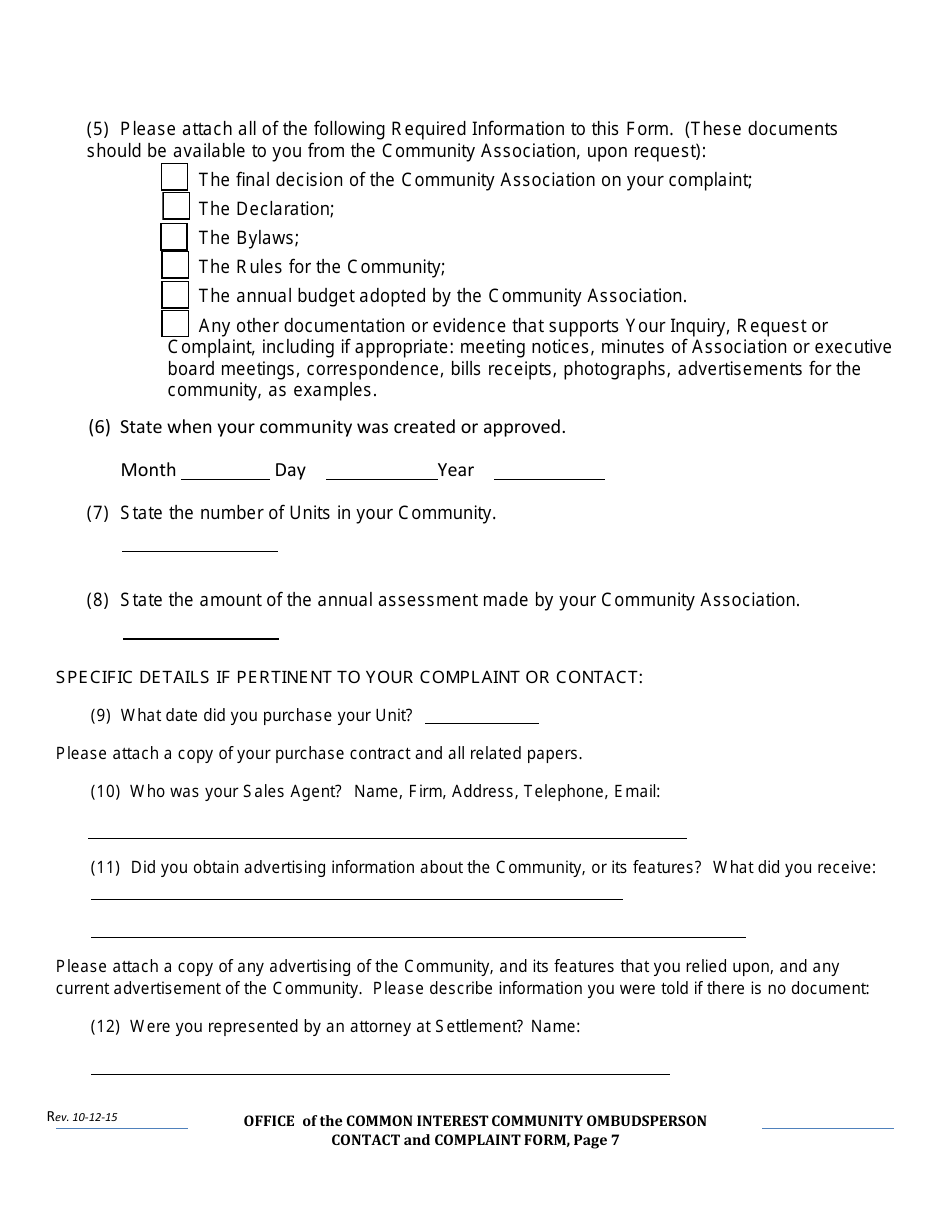 Contact and Complaint Form - Common Interest Community - Delaware, Page 7
