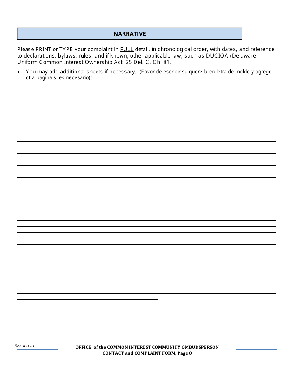 Contact and Complaint Form - Common Interest Community - Delaware, Page 8