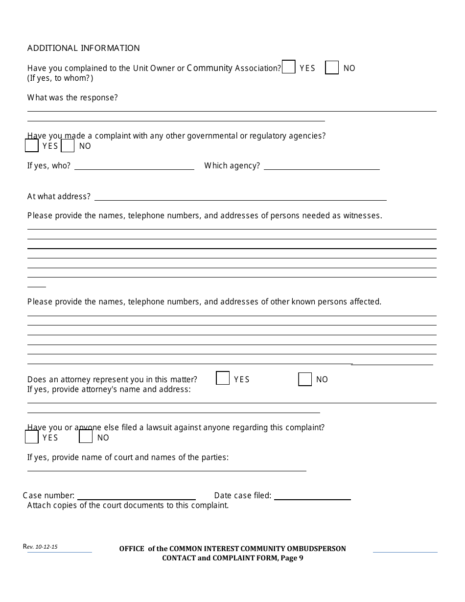Contact and Complaint Form - Common Interest Community - Delaware, Page 9