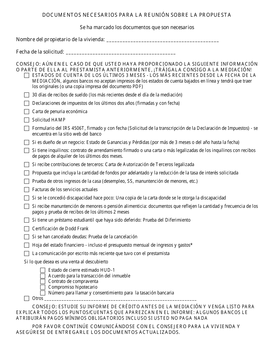 Documentos Necesarios Para La Reunion Sobre La Propuesta - Delaware (Spanish), Page 1