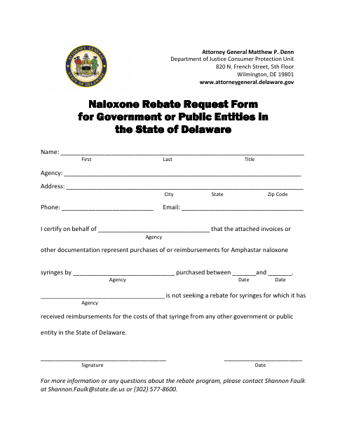 Delaware Naloxone Rebate Request Form For Government Or Public Entitles 
