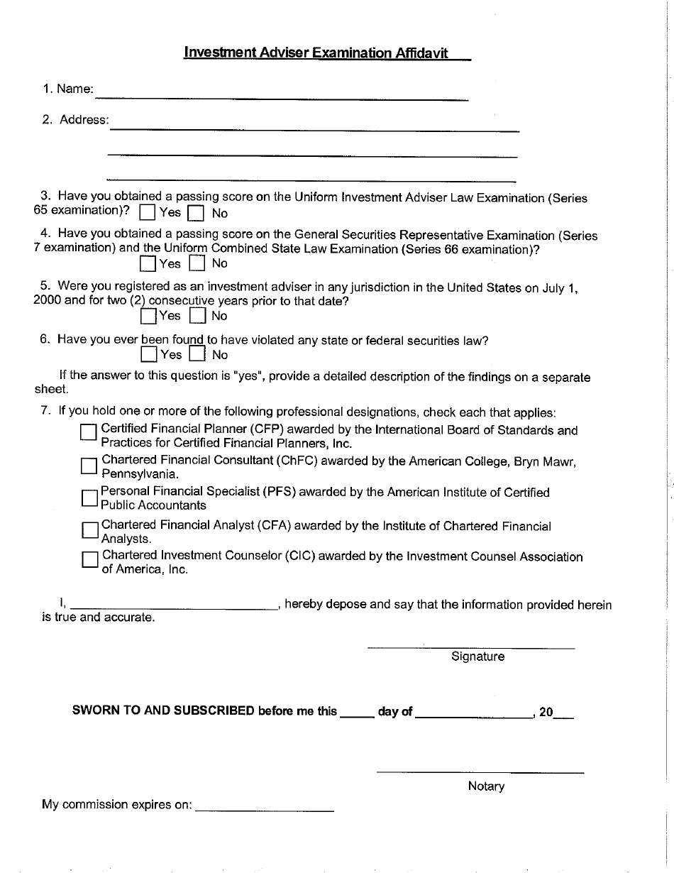 Investment Adviser Examination Affidavit Form - Delaware, Page 1