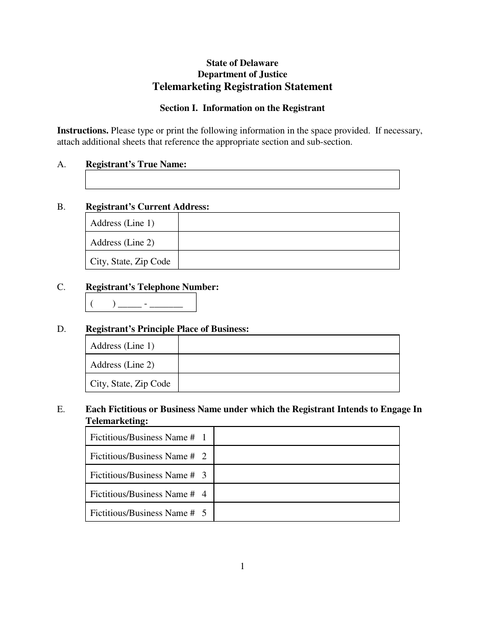 Telemarketing Registration Statement Form - Delaware, Page 1