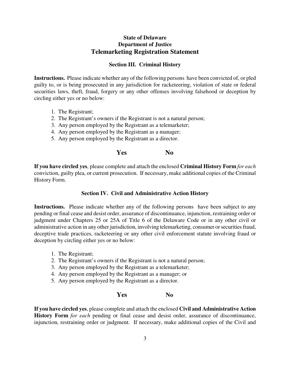 Telemarketing Registration Statement Form - Delaware, Page 3