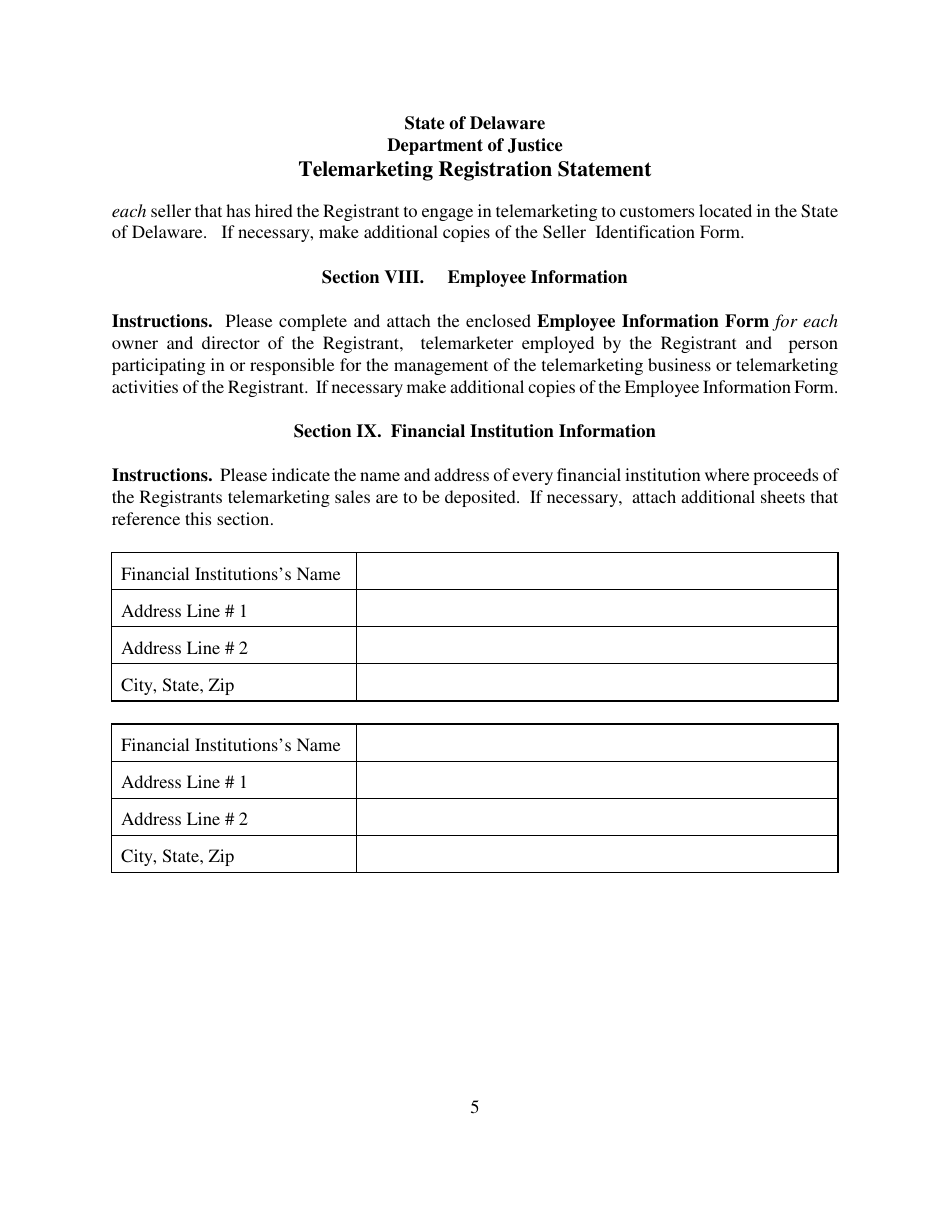 Telemarketing Registration Statement Form - Delaware, Page 5