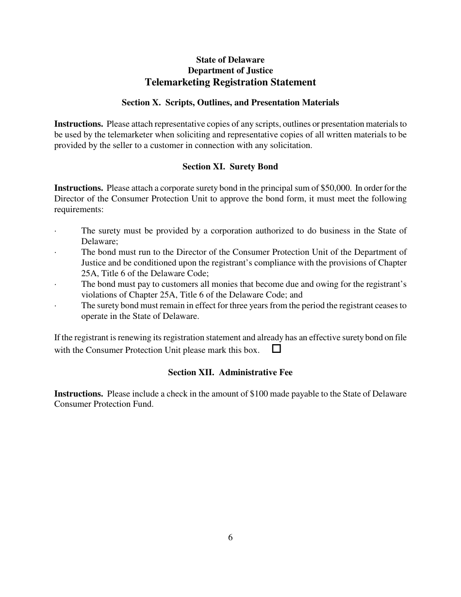 Telemarketing Registration Statement Form - Delaware, Page 6