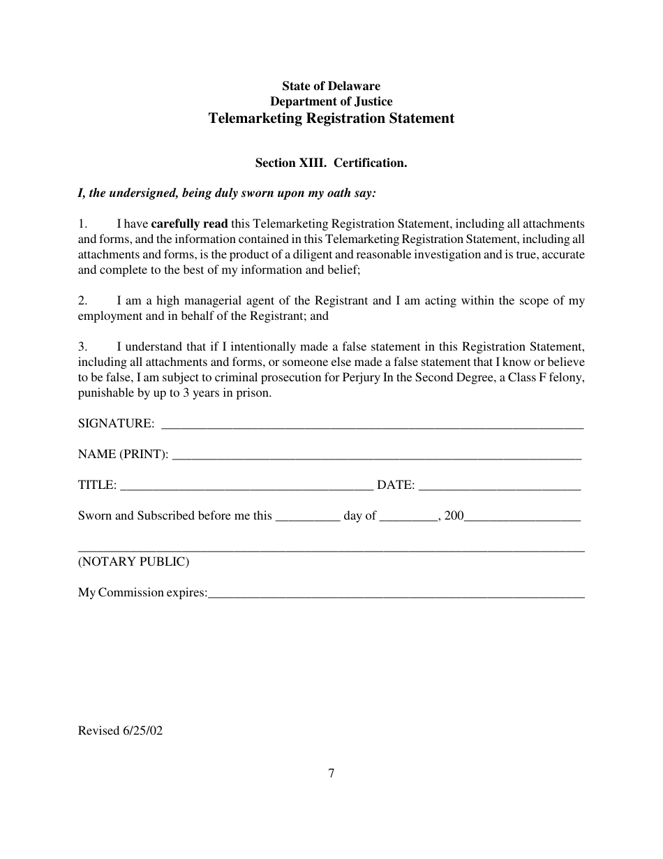 Telemarketing Registration Statement Form - Delaware, Page 7