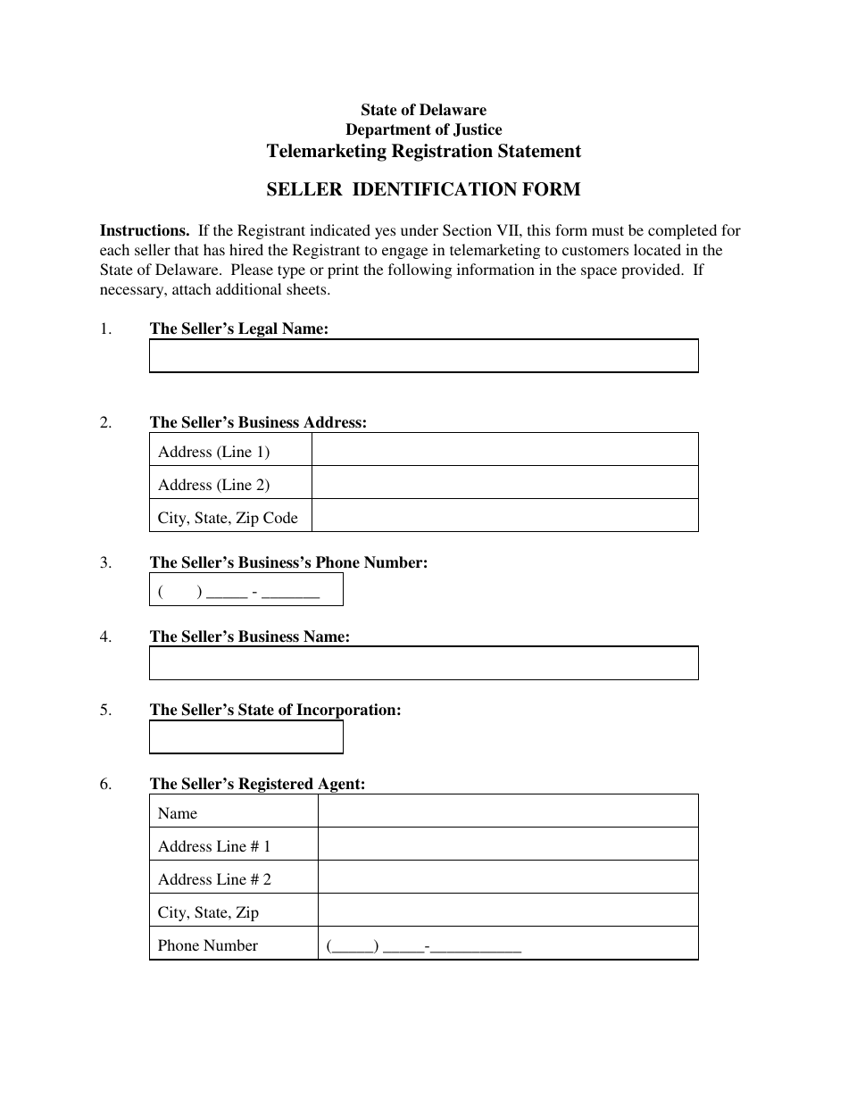Seller Identification Form - Telemarketing Registration Statement - Delaware, Page 1