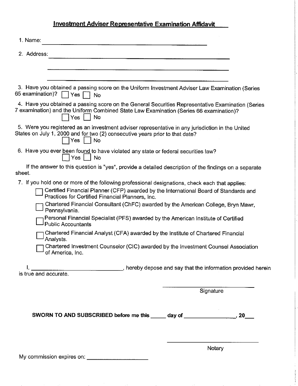Investment Adviser Representative Examination Affidavit Form - Delaware, Page 1