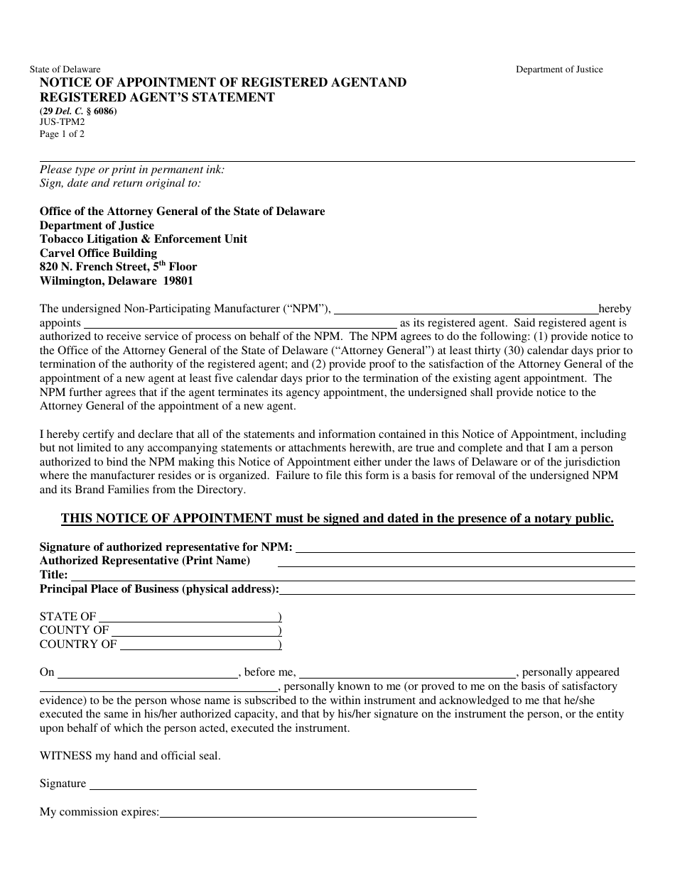 Form JUS-TPM2 Notice of Appointment of Registered Agent and Registered Agents Statement - Delaware, Page 1