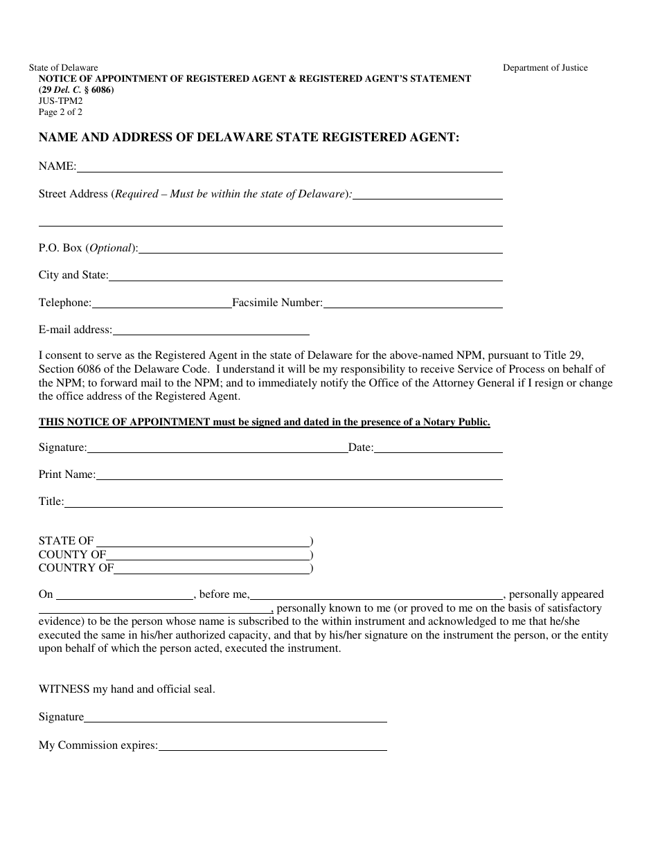 Form JUS-TPM2 Notice of Appointment of Registered Agent and Registered Agents Statement - Delaware, Page 2