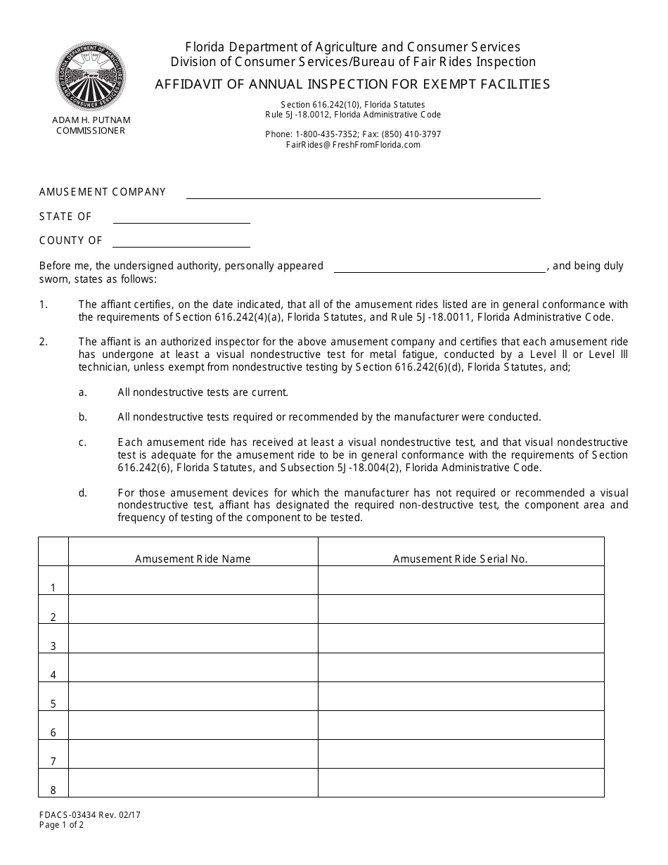 Form FDACS-03434 Affidavit of Annual Inspection for Exempt Facilities - Florida, Page 1