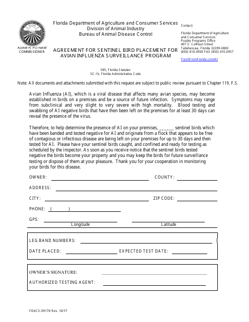Form FDACS-09178 Agreement for Sentinel Bird Placement for Avian Influenza Surveillance Program - Florida