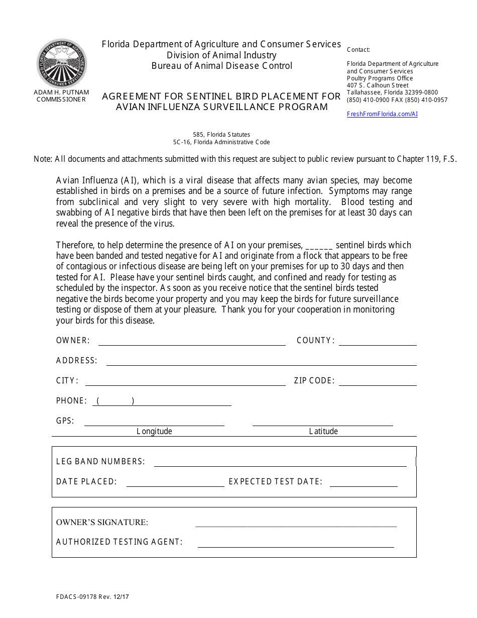 Form FDACS-09178 Agreement for Sentinel Bird Placement for Avian Influenza Surveillance Program - Florida, Page 1