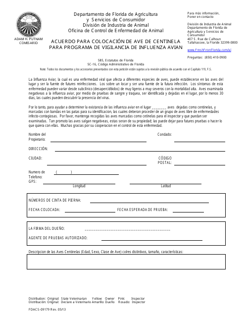 Formulario FDACS-09179 Acuerdo Para Colocacion De Ave De Centinela Para Programa De Vigilancia De Influenza Avian - Florida (Spanish)