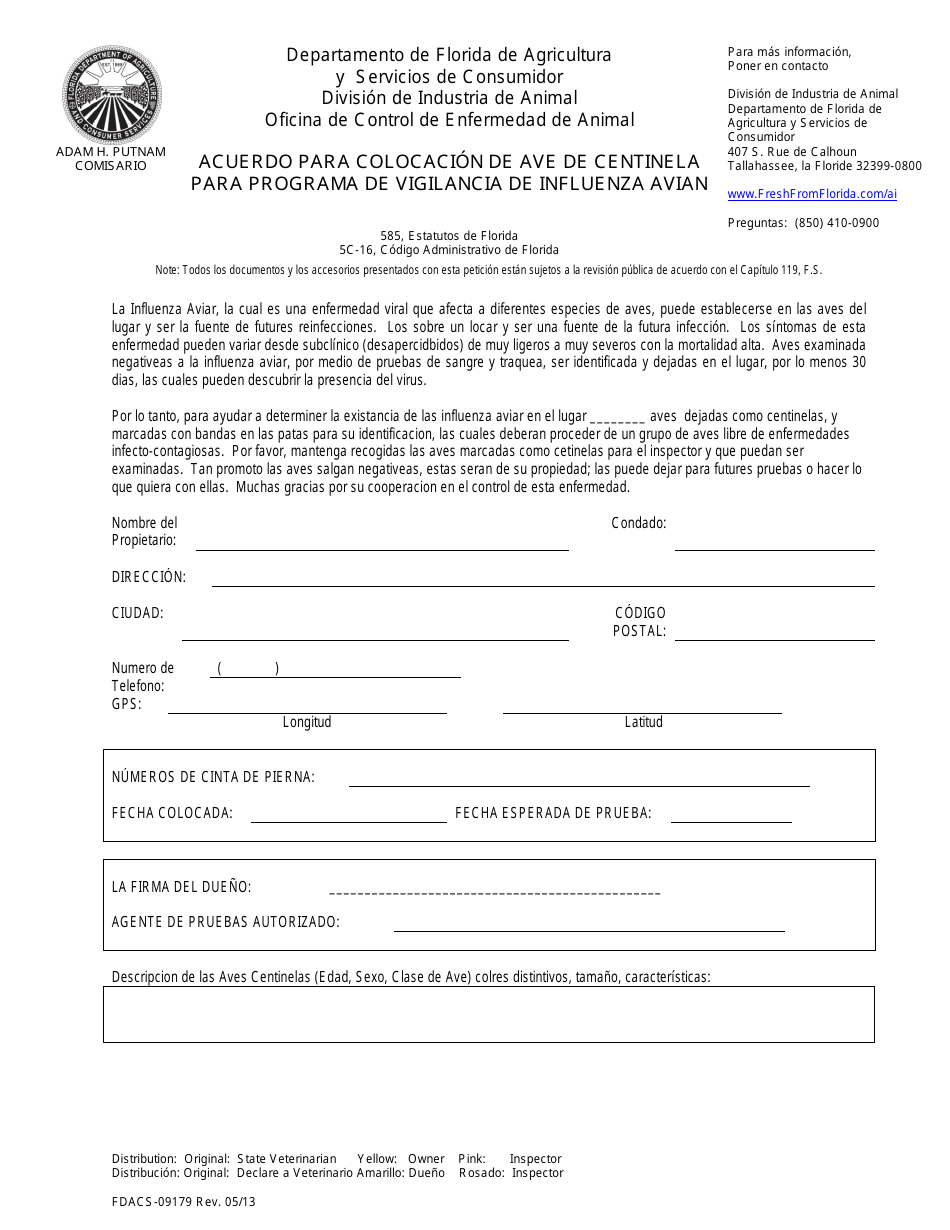 Formulario FDACS-09179 Acuerdo Para Colocacion De Ave De Centinela Para Programa De Vigilancia De Influenza Avian - Florida (Spanish), Page 1