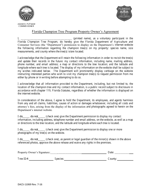 Form DACS-11069 Florida Champion Tree Program Property Owner's Agreement - Florida