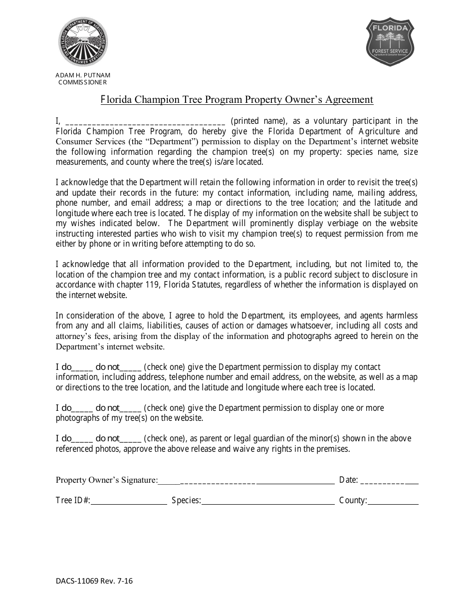 Form DACS-11069 Florida Champion Tree Program Property Owners Agreement - Florida, Page 1