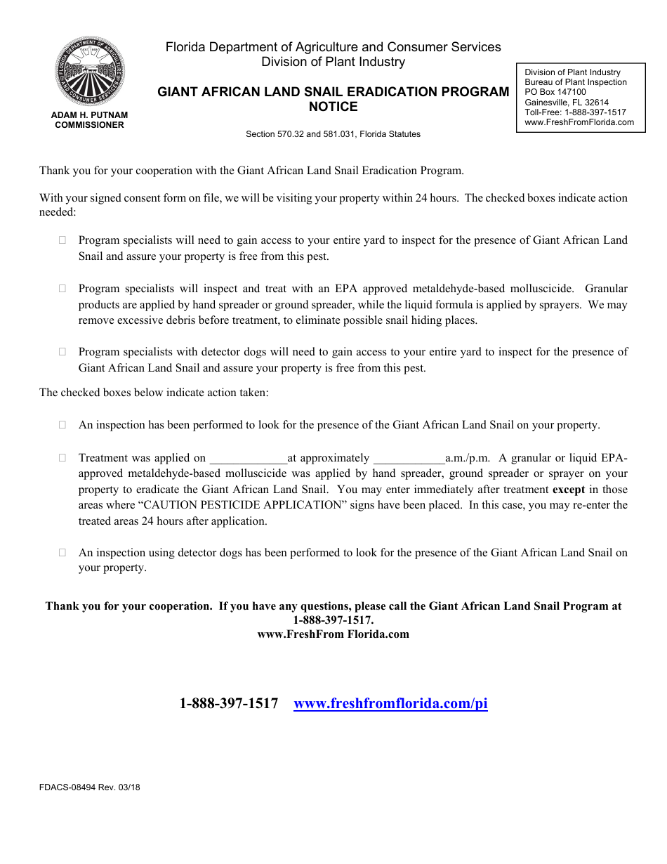 Form FDACS-08494 Giant African Land Snail Program Notice - Florida (English / Spanish), Page 1